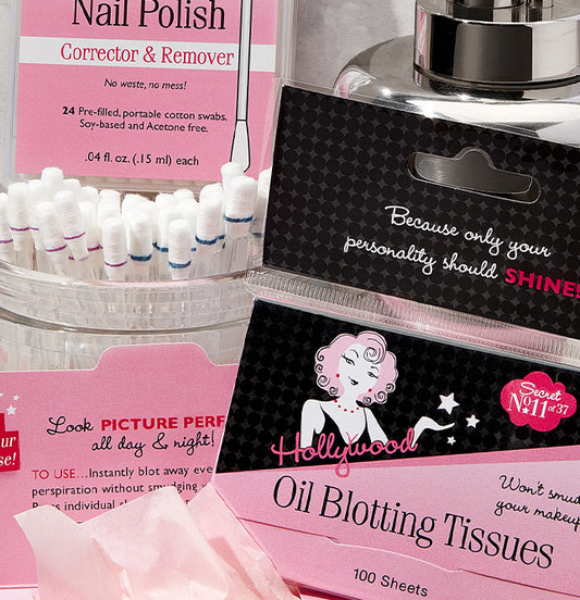 Hollywood Fashion Secrets oil blotting tissues and nail polish corrector swabs displayed in pink and black packaging.