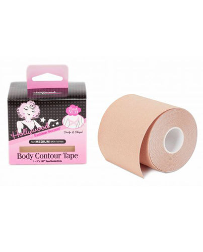 A roll of tan Hollywood Fashion Secrets body contour tape for medium skin tones sits next to its pink and black product box.