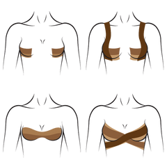 Illustration of four different ways to use Hollywood Fashion Secrets body tape for secure and seamless bust support.
