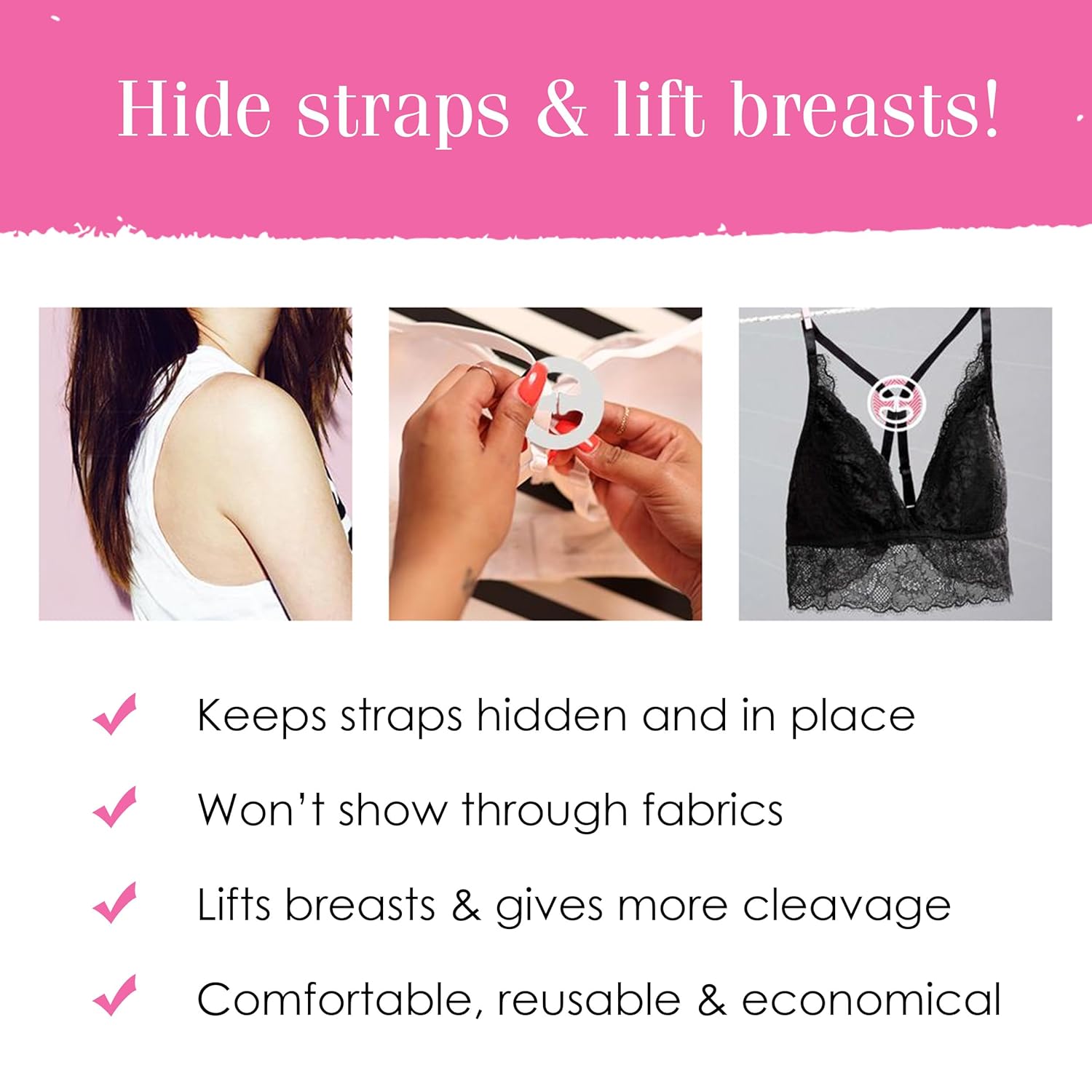 Product advertisement for a bra strap holder with images and text highlighting its features.