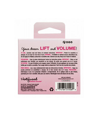 The back of a pink Hollywood Fashion Secrets box displays multi-language instructions and the "Your dream LIFT and VOLUME!" slogan.