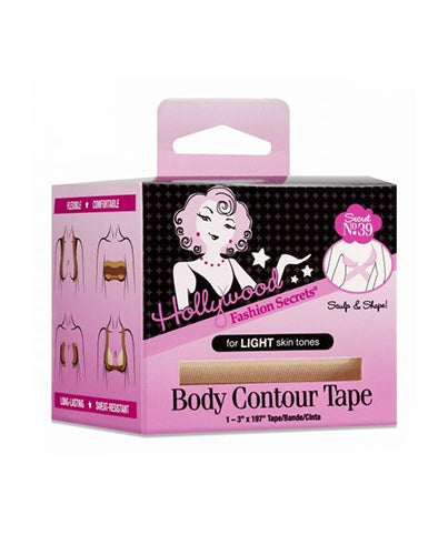 Half-side view of the body shaper tape retail packaging with label text