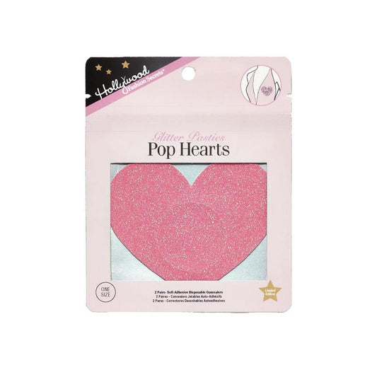 Packaged pink glitter heart with 'Hollywood' branding on a white background