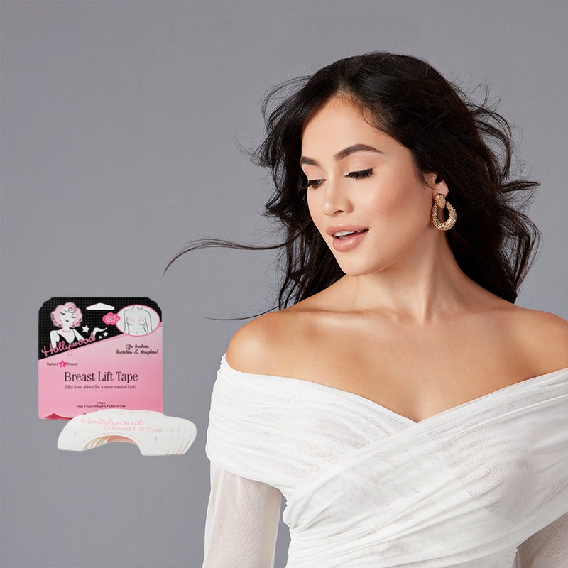 Hollywood Fashion Secrets Breast Lift Tape shown next to a model wearing an off-the-shoulder white top.