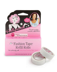 Hollywood Fashion Tape refill rolls with packaging, featuring a bonus tape shape and storage bag.