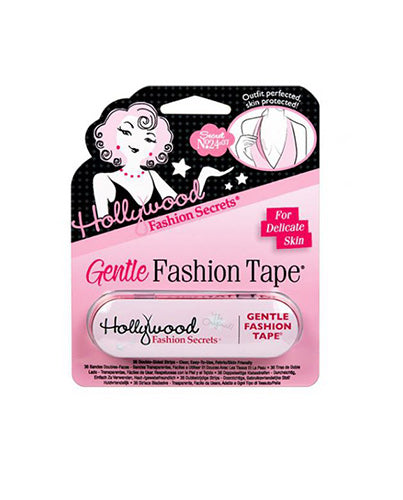 Hollywood Fashion Secrets Gentle Fashion Tape offers 36 double-sided adhesive strips for delicate skin inside a compact pink tin.
