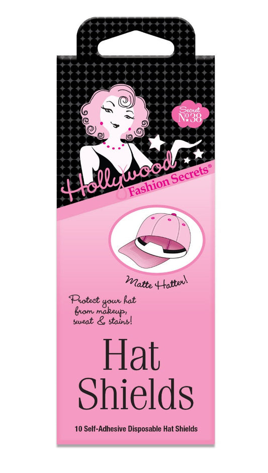 Hollywood Fashion Secrets Hat Shields packaging displays ten self-adhesive disposable liners designed to protect headwear from makeup, sweat, and stains.