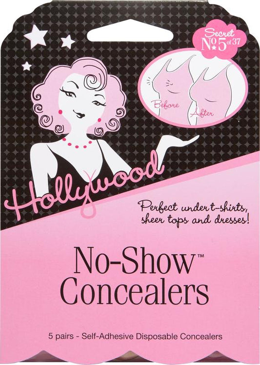 A pink and black package of Hollywood No-Show Concealers showcases five pairs of self-adhesive disposable nipple covers for a smooth look under sheer tops and dresses.