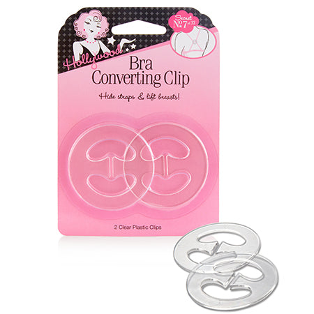 A package of Hollywood Bra Converting Clips sits next to two loose clear plastic clips designed to conceal bra straps and provide lift.