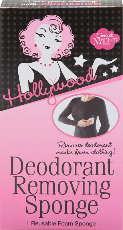 The pink and black packaging for Hollywood Deodorant Removing Sponge displays a person using the reusable foam sponge to erase a white deodorant mark from a black garment.