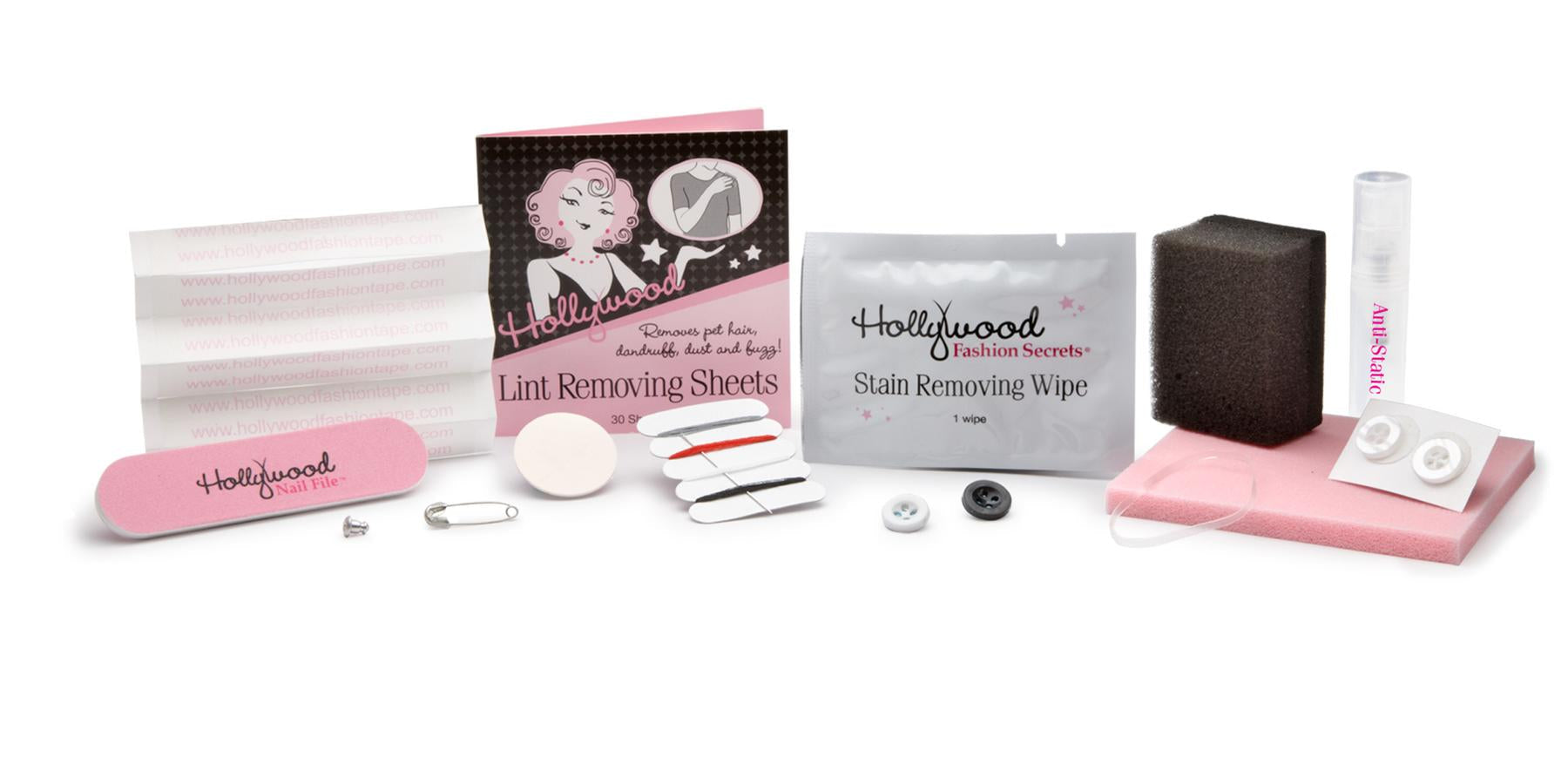 Hollywood Fashion Secrets Style Emergency Kit contents displayed, including lint sheets, stain wipes, buttons, and more for quick fixes.