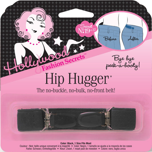 A black Hollywood Fashion Secrets Hip Hugger no-buckle belt eliminates waistband gaps to prevent back-of-pants exposure.