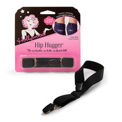 Close-up of black hip hugger belt, designed for a secure, gap-free fit on pants.