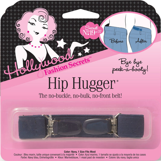 The navy blue Hollywood Fashion Secrets Hip Hugger no-buckle belt sits in its pink retail packaging, featuring an illustration that shows how it eliminates waist gaps in jeans.