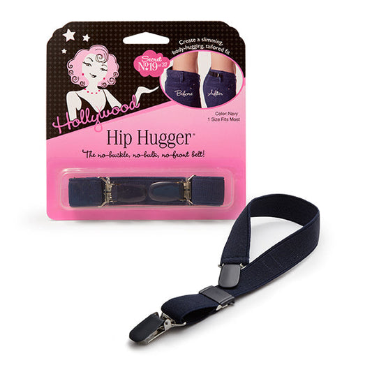 A navy blue Hollywood Hip Hugger no-buckle belt creates a slim, tailored fit on jeans, as shown on its pink and black retail packaging.