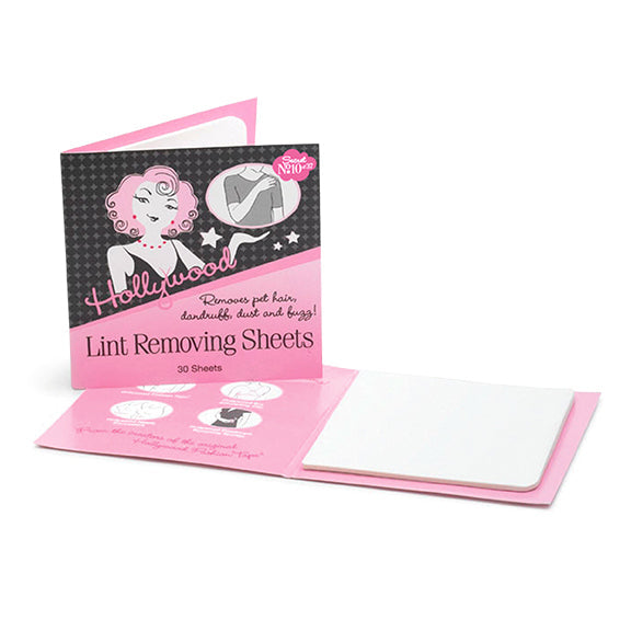 Hollywood Fashion Secrets Lint Removing Sheets open packaging with 30 sheets, designed to remove pet hair, lint, and dust from clothing.