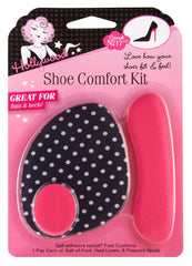 A closeup of  Hollywood Fashion Secrets No. 17 shoe comfort kit sealed pack with label text