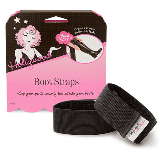 Black elastic Hollywood Fashion Secrets Boot Straps keep pants securely tucked inside boots for a smooth and fashionable look.