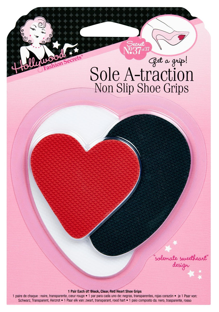 Front view of Hollywood Fashion Secrets No. 37 Sole A-Traction Non-Slip Shoe Grips kit in a wall-hook ready retail pack