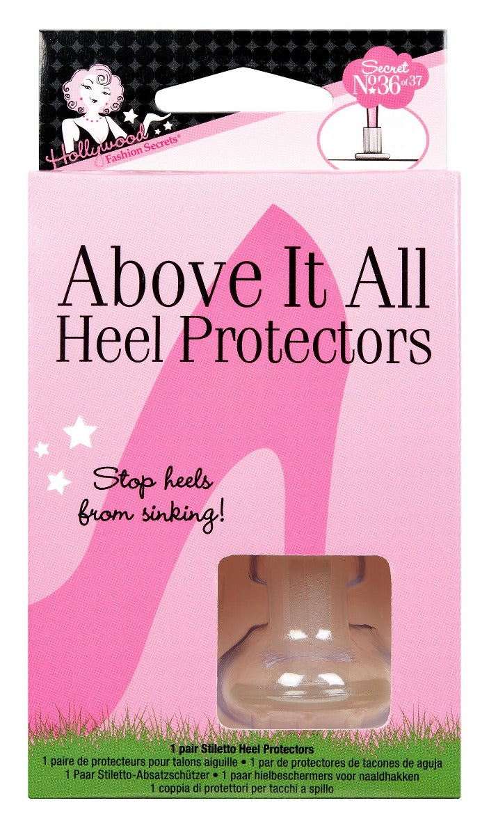 Frontage of Hollywood Fashion Secrets No. 36 in a wall-hook ready packet of Above It All Heel Protectors with printed text