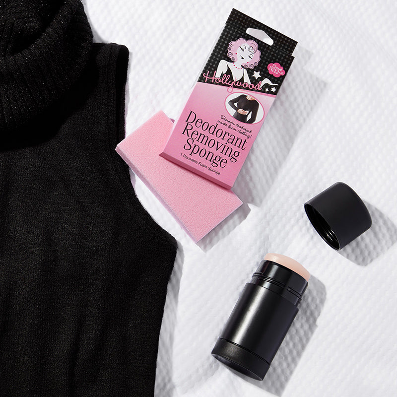 Hollywood Fashion Secrets deodorant removing sponge displayed with a pink sponge, black clothing, and makeup stick.