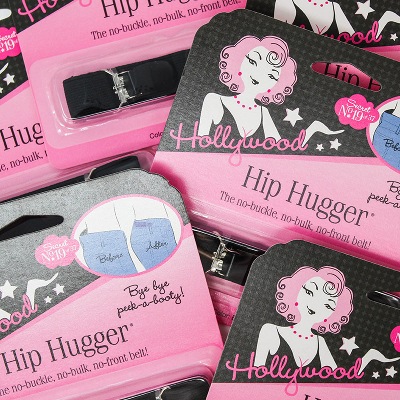 Hollywood Hip Hugger packaging with pink and gray design