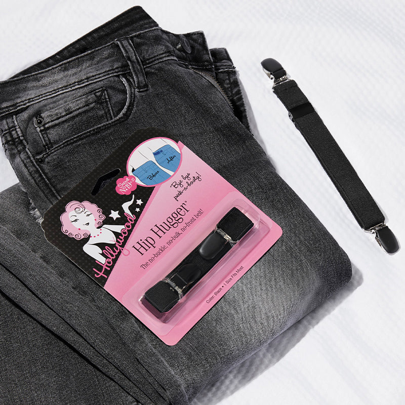 Black suspenders on a pair of gray jeans with a 'Hip Hugger' product card.