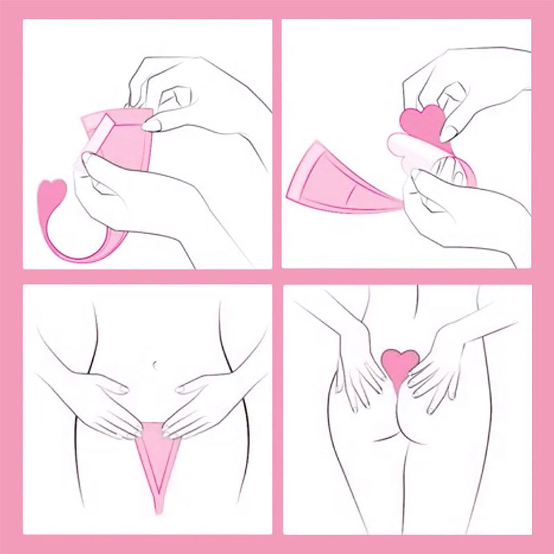 Step-by-step illustration of using a pink cone-shaped object with a heart symbol on a pink border.