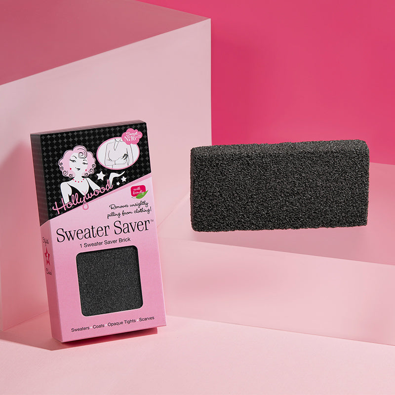 Hollywood Fashion Secrets sweater saver brick displayed with pink packaging on a pink background.
