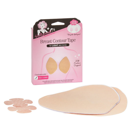 A pink box of Hollywood Fashion Secrets Breast Contour Tape for light skin tones sits next to two adhesive lift strips and matching flower-shaped nipple covers.
