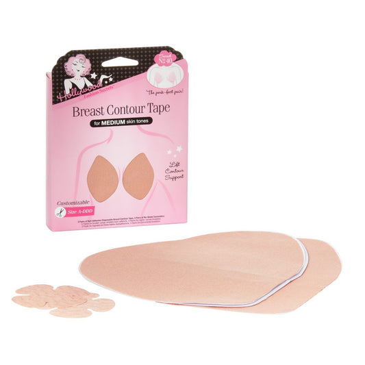 A pink box of Hollywood Fashion Secrets Breast Contour Tape for medium skin tones sits next to tan adhesive lift strips and a flower-shaped nipple cover.