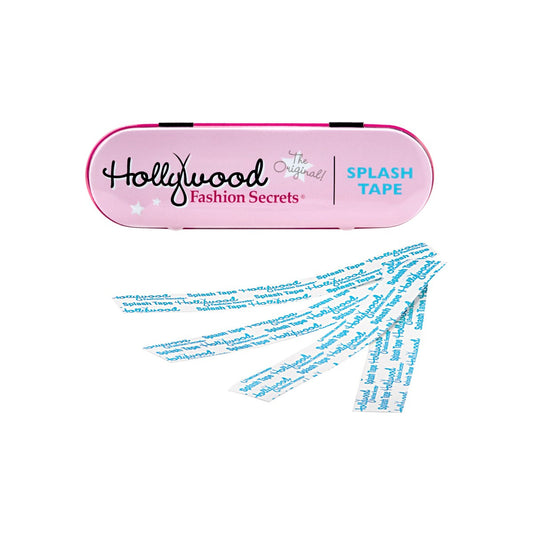 A pink Hollywood Fashion Secrets tin displays several pre-cut strips of waterproof Splash Tape fashion adhesive.