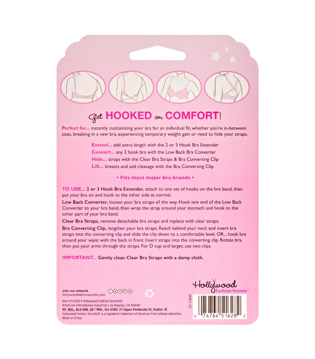 Back of the Hollywood Fashion Secrets Bra Extend Kit packaging with usage instructions and product benefits.