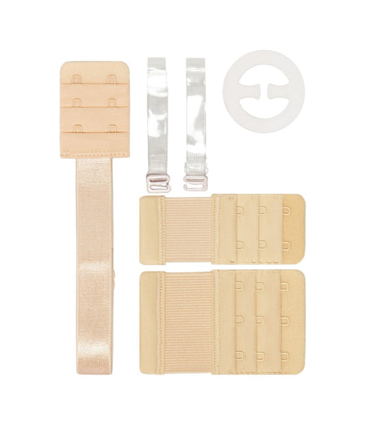 A versatile bra accessory kit features nude strap extenders, clear silicone straps, and a white racerback clip for customized lingerie comfort.