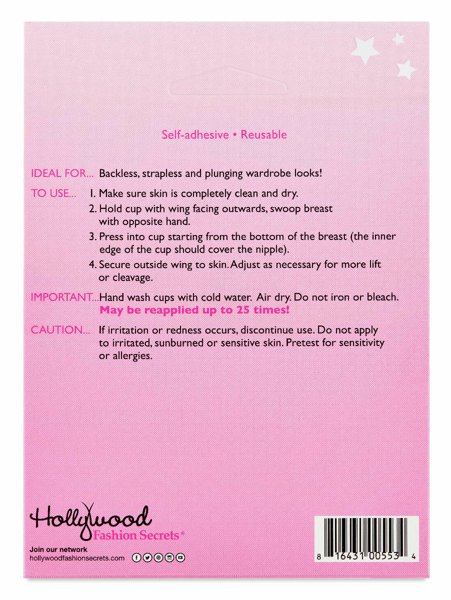 Back packaging of Silicone Contour Cups Adhesive Bra, showing usage instructions and care tips.