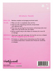 Back packaging of Silicone Contour Cups Adhesive Bra, showing usage instructions and care tips.