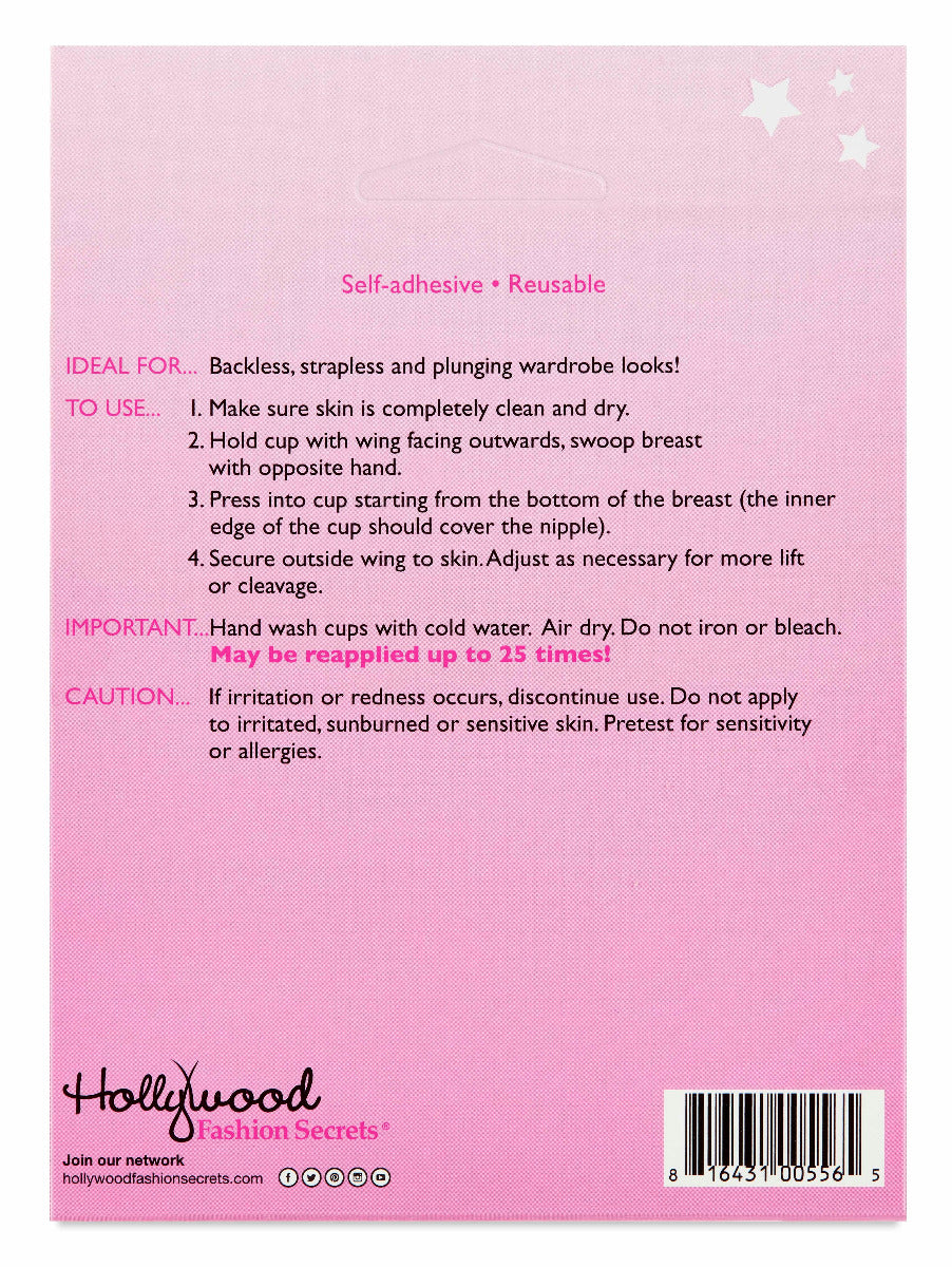 Back packaging of Hollywood Fashion Secrets Silicone Contour Cups with usage instructions and care tips.