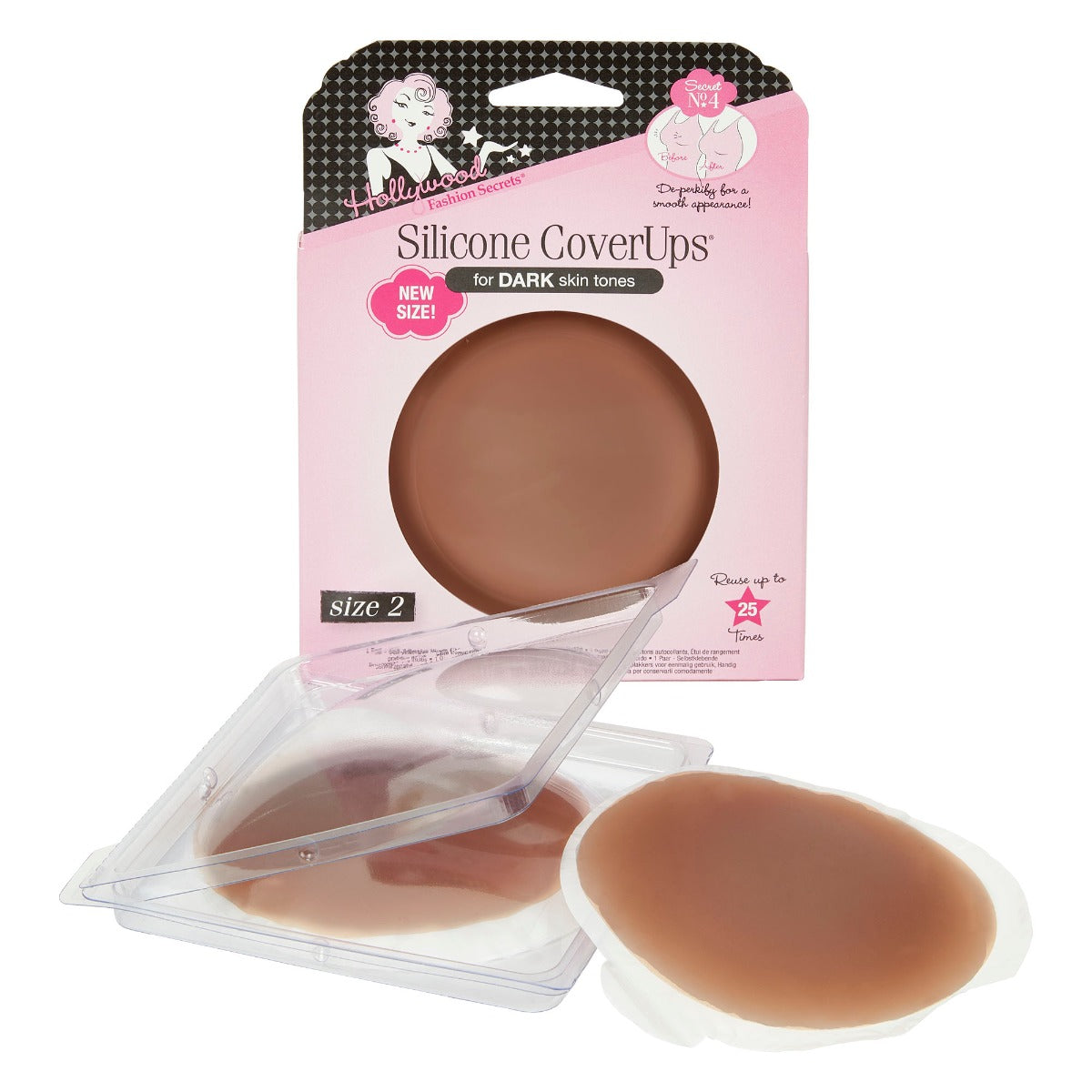 Close-up of Hollywood Fashion Secrets Silicone CoverUps in packaging and storage case, showing their smooth and reusable design.