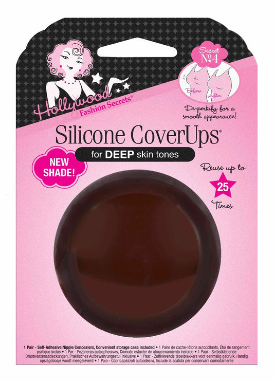 A pack of Hollywood Fashion Secrets reusable silicone nipple covers for deep skin tones sits in its pink and black packaging.