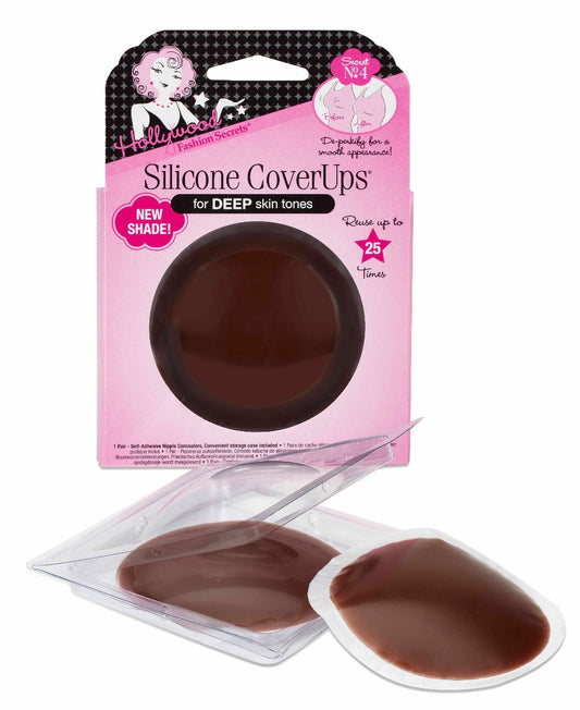 Reusable Hollywood Fashion Secrets Silicone CoverUps for deep skin tones feature dark brown adhesive nipple concealers beside their pink retail packaging.