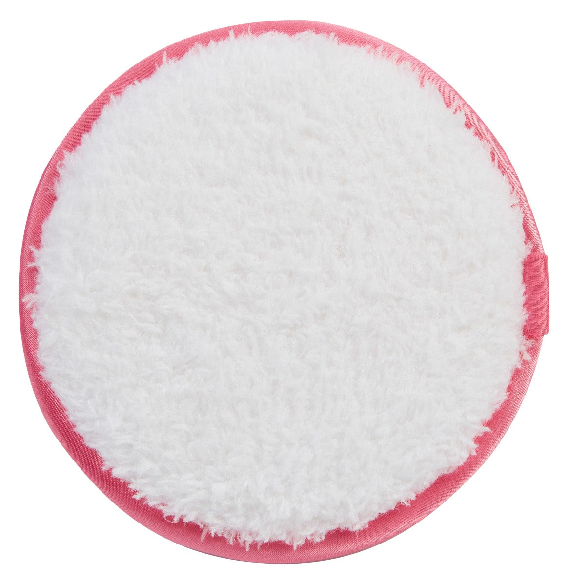 Close-up of Hollywood Fashion Secrets Microfiber Makeup Remover Pad with soft white fibers and pink trim for gentle cleansing.