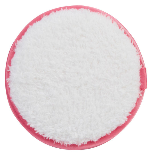 A soft white microfiber reusable makeup remover pad features a smooth pink fabric border.