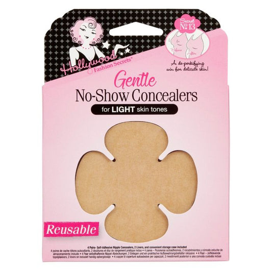 Pink packaging showcases a reusable, tan flower-shaped nipple cover from Hollywood Fashion Secrets designed for light skin tones.