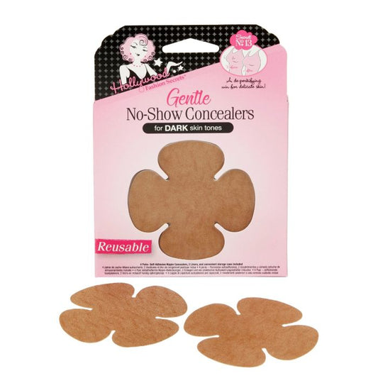 Hollywood Fashion Secrets Gentle No-Show Concealers for dark skin tones feature two reusable flower-shaped nipple covers displayed in front of their pink and black packaging.