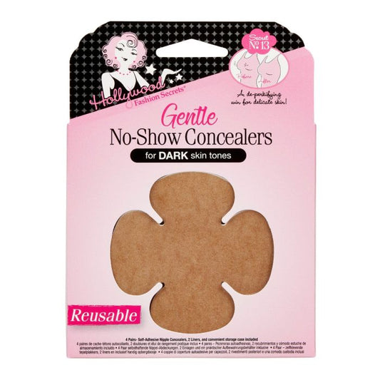 Hollywood Fashion Secrets Gentle No-Show Concealers for dark skin tones provide reusable, discreet nipple coverage in a clover-shaped adhesive design.