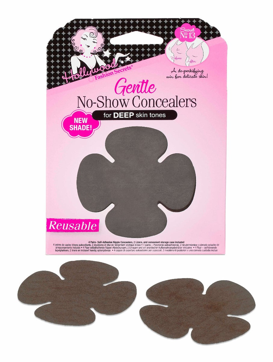 Front view of  No-Show Concealers for Deep Skin Tones wall-hook ready retail pack with actual pasties lay on the ground