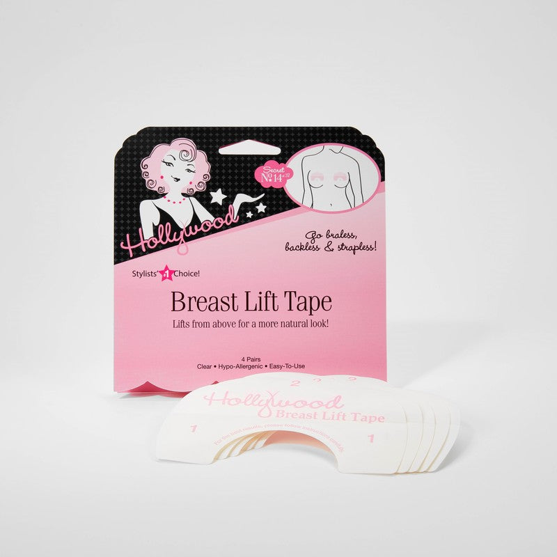 Hollywood Fashion Secrets Breast Lift Tape packaging with clear adhesive tape strips designed for a natural lift in strapless and backless outfits.