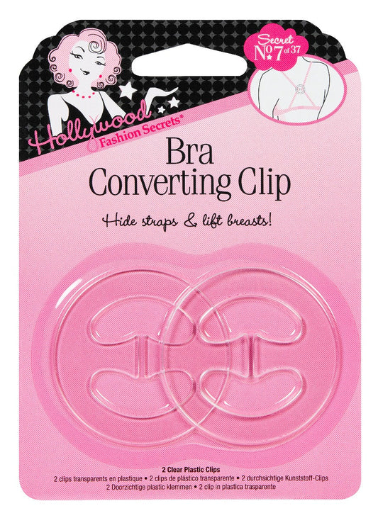 A pink package displays two clear Hollywood Fashion Secrets Bra Converting Clips designed to hide bra straps and provide extra lift.