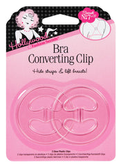 Close up of a sealed wall-hook ready pack of a clip for bra with printed label text