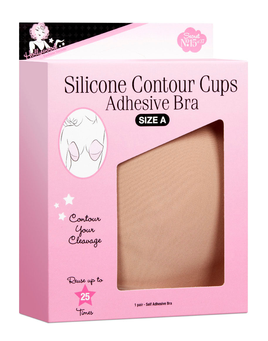 Angled view of Silicone Contour Cups Adhesive Bra in Size A retail pack with printed text